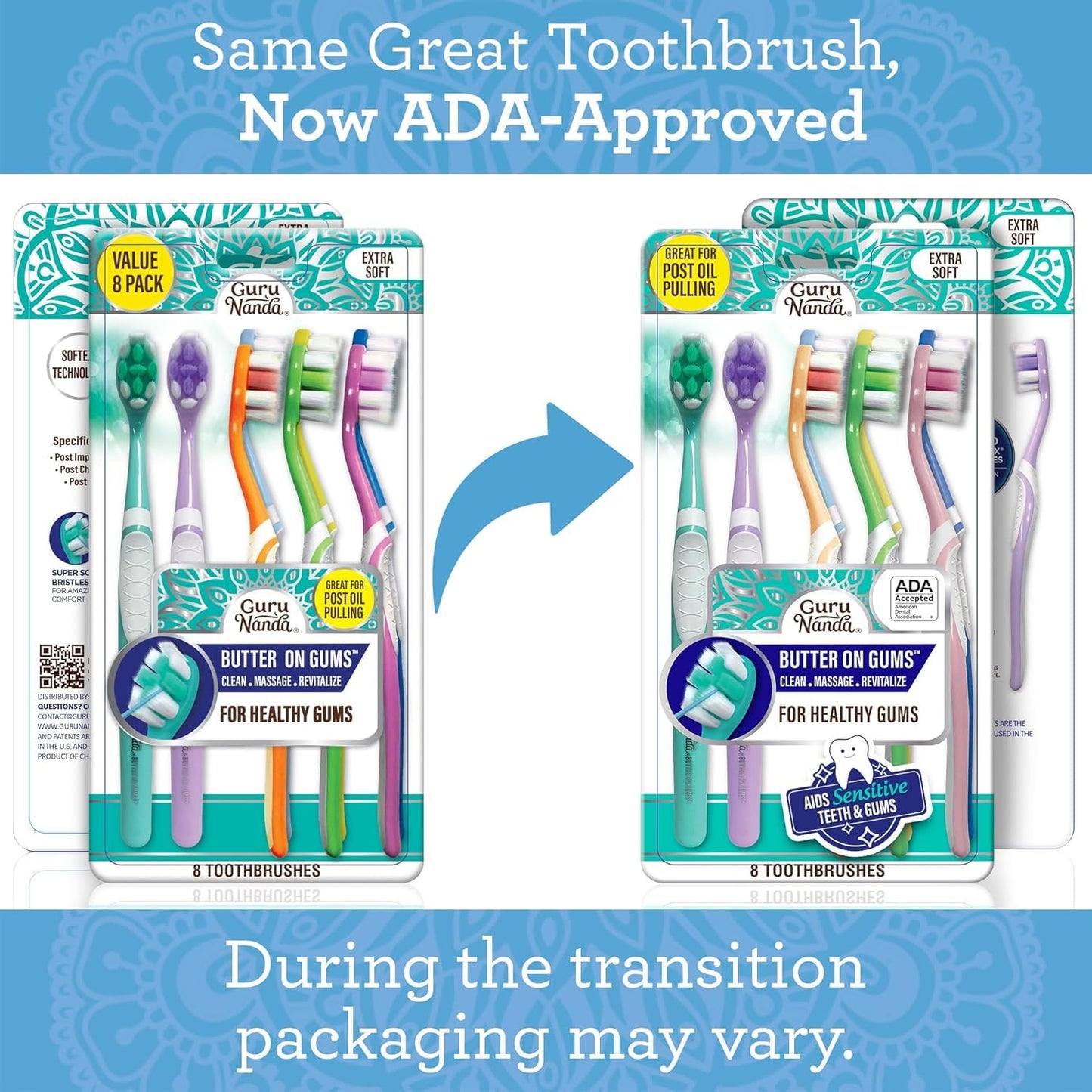 GuruNanda Butter On Gums Toothbrush, ADA Accepted, with 8000+ Ultra Soft Softex Bristles for Sensitive & Receding Gums, Perfect for Whiter Teeth, 8 Ct