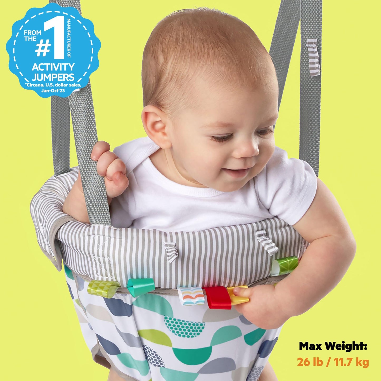 Bright Starts Bounce 'n Spring Deluxe Door Jumper for Baby with Adjustable Strap, 6 Months and Up, Max Weight 26 lbs