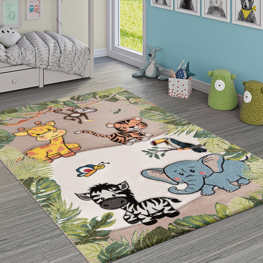 Paco Home Nursery Rug for Kids - Jungle Animals Giraffe Lion Monkey in Beige, Size:5'3" x 7'7"
