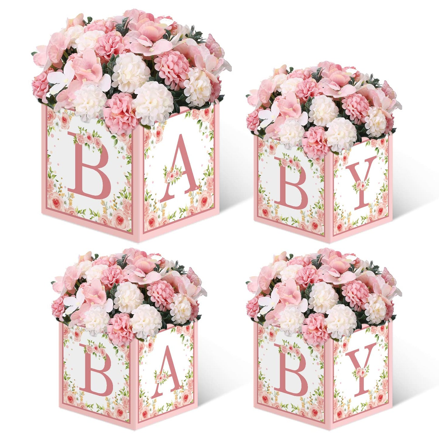 TSVATE Pink Baby Shower Boxes Decorations - 4 Baby Shower Centerpiece Boxes Gender Reveal First Birthday Centerpiece Decors (Without Flowers)