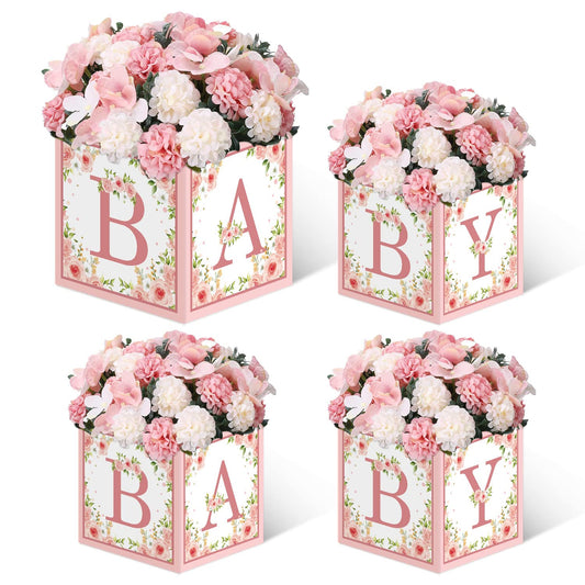 TSVATE Pink Baby Shower Boxes Decorations - 4 Baby Shower Centerpiece Boxes Gender Reveal First Birthday Centerpiece Decors (Without Flowers)
