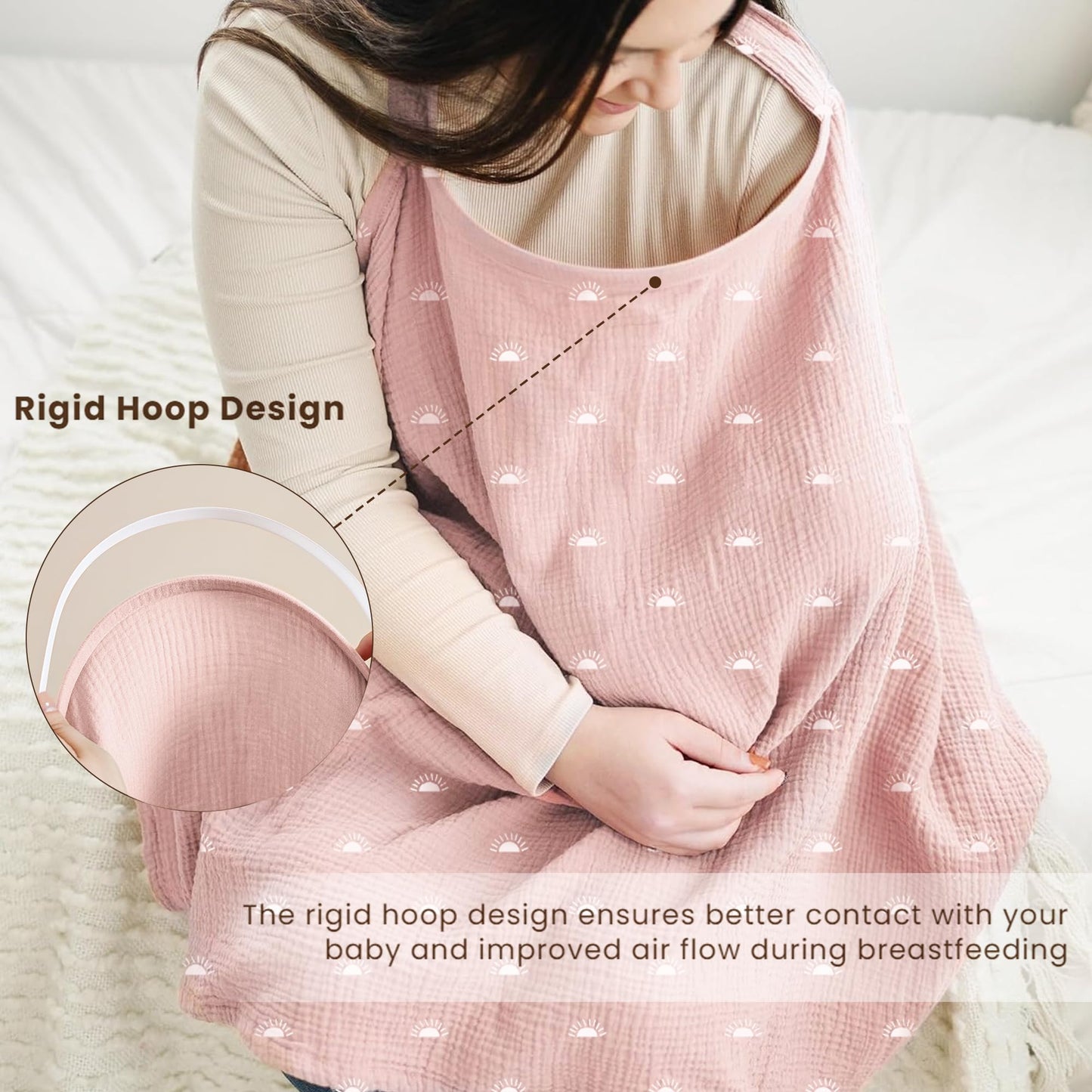 Konssy Muslin Nursing Cover for Baby Breastfeeding, Breathable 100% Cotton Breastfeeding Cover with Rigid Hoop for Mother Nursing Apron, Multi-use Carseat Canopy (Summer Wheat)