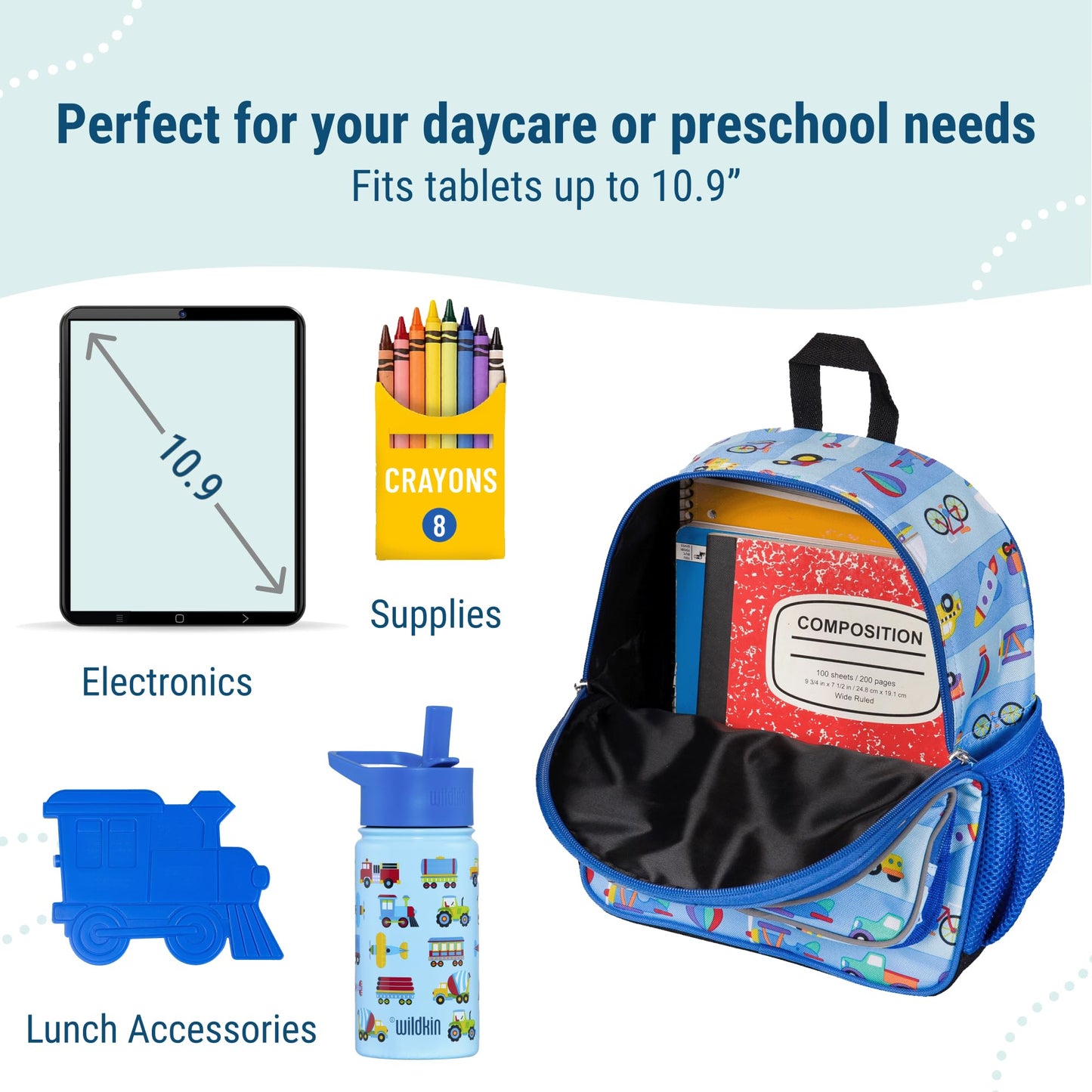 Wildkin 12-inch Kids Backpack – Padded, Adjustable, Ideal for Daycare & Travel - Trains, Planes, and Trucks