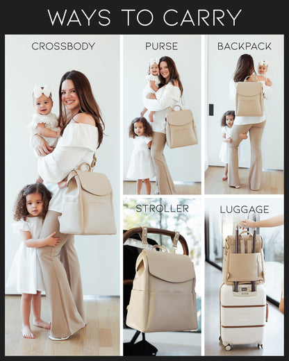 Leather Diaper Bag Backpack with USB Charging port, Changing Pad, Stroller Straps, and Bottle Holder (Brown Olivia)