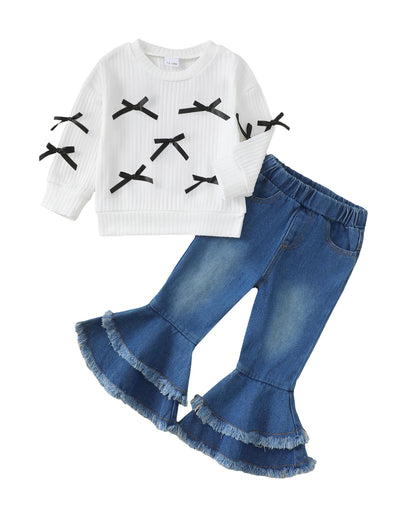 Renotemy Toddler Baby Girl Clothes Fall Winter Outfit, Bow Sweatshirt Denim Bell Bottom Jeans Outfits for 1-5 Year Girls