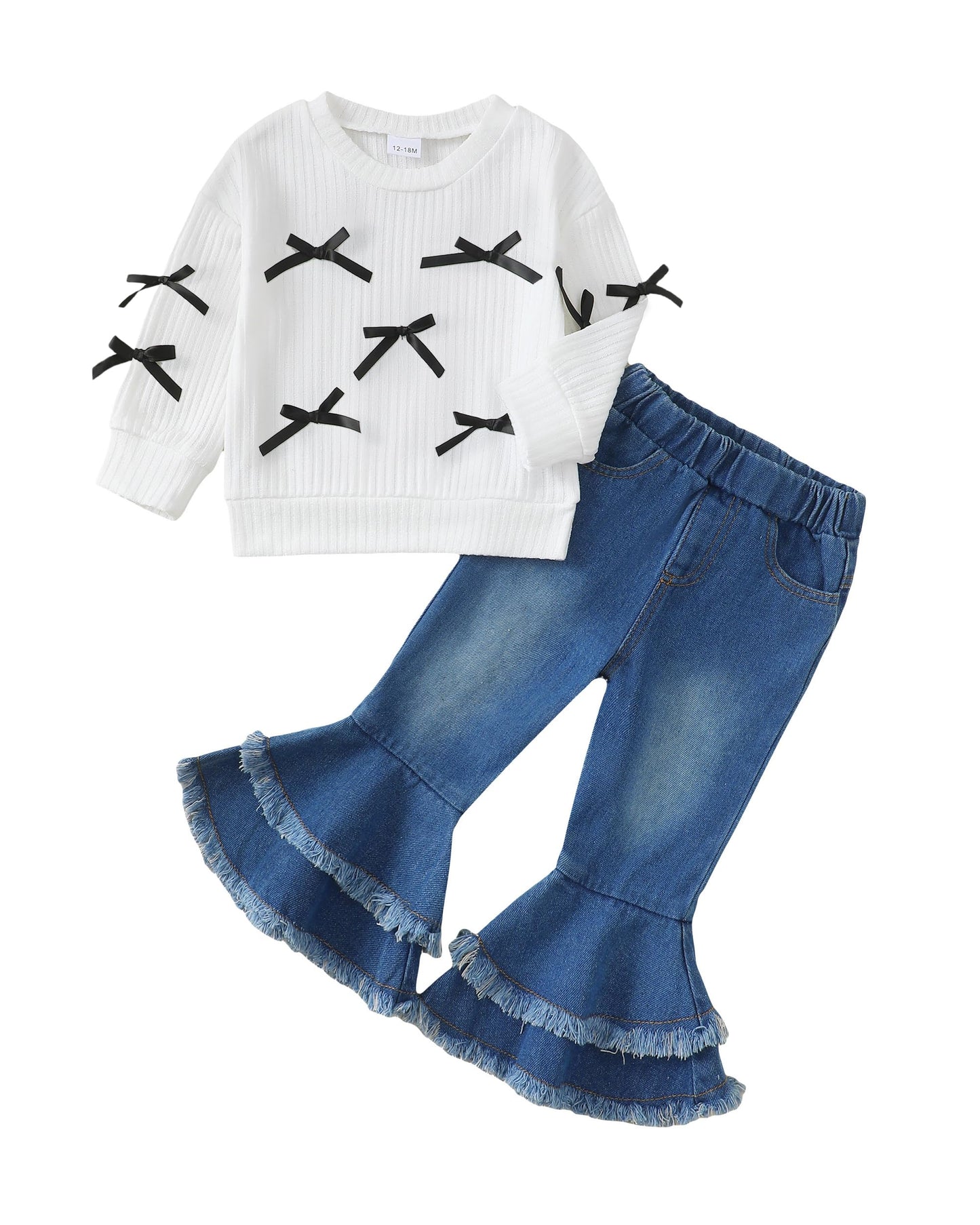 Renotemy Toddler Baby Girl Clothes Fall Winter Outfit, Bow Sweatshirt Denim Bell Bottom Jeans Outfits for 1-5 Year Girls