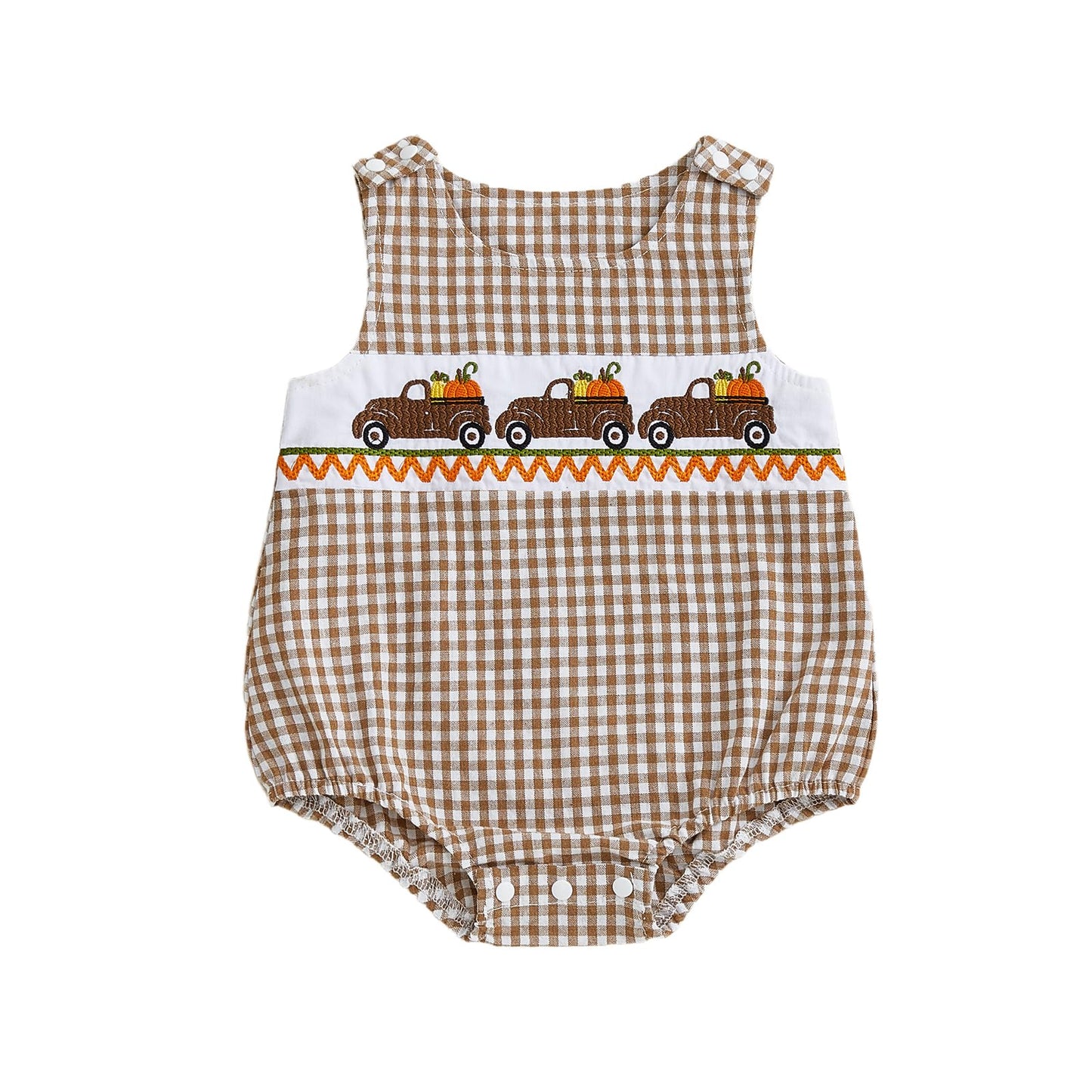 Baby Girl Pumpkin Embroidery Jumpsuit Halloween Sleeveless Round Neck Plaid Tank Romper