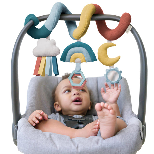 Itzy Ritzy Spiral Car Seat & Stroller Activity Toy - Stroller & Car Seat Toys for Ages 0 Months and Up - Hanging Toys Include Dangling Ring, Mirror and Textured Ribbons (Pastel Rainbow)