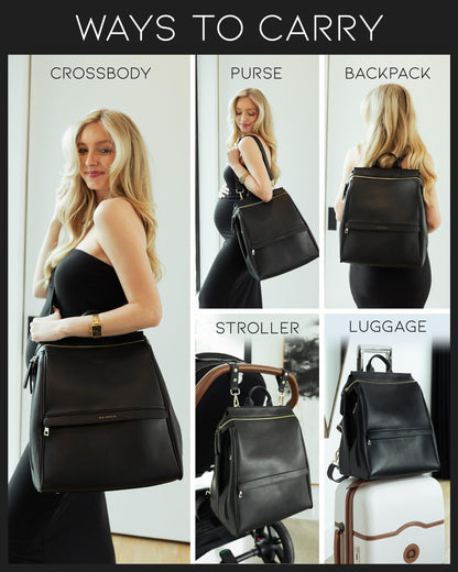 Leather Diaper Bag Backpack with USB Charging port, Changing Pad, Stroller Straps, and Bottle Holder (Brown Olivia)
