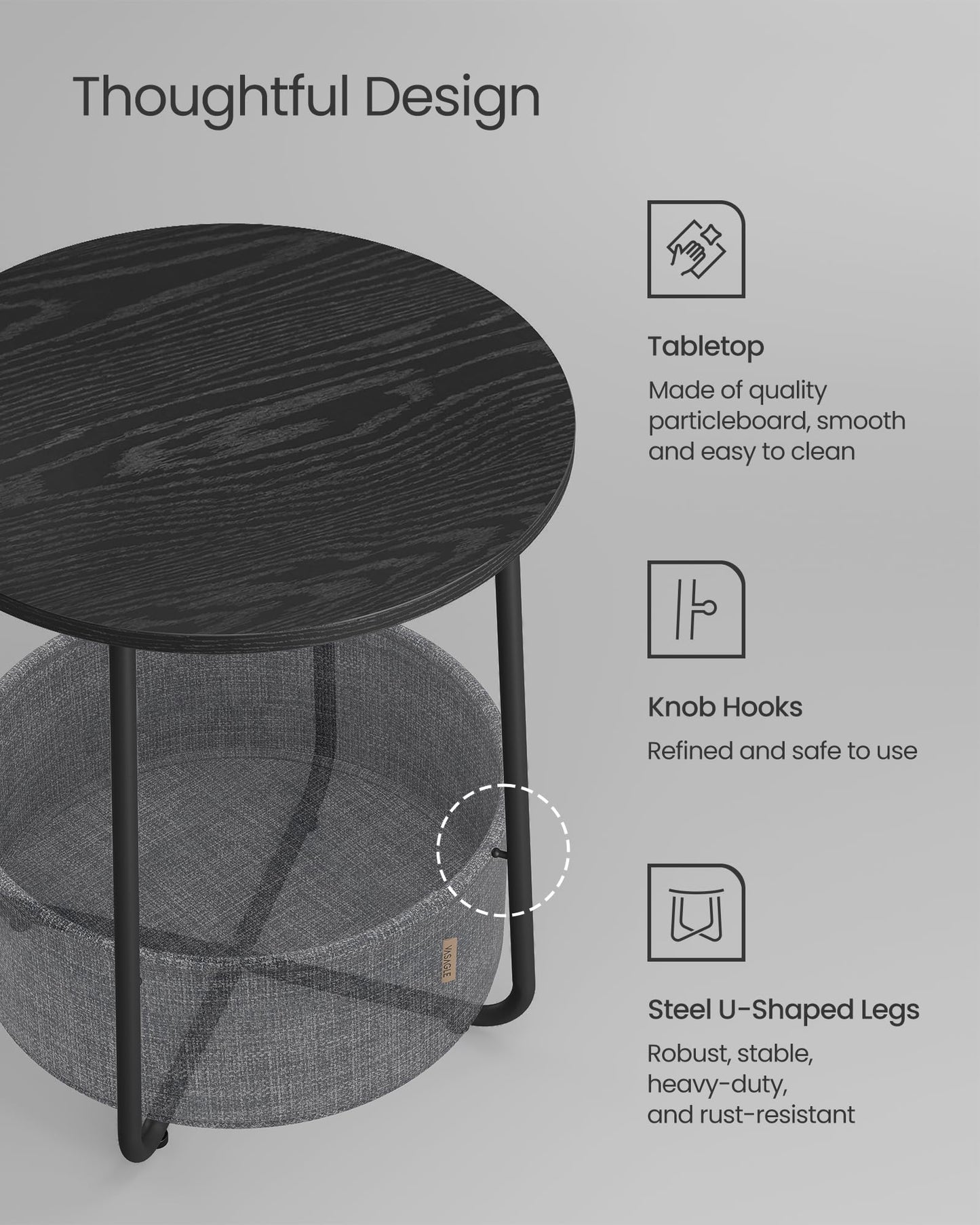 VASAGLE End Table, Small Bedside Table with Fabric Basket, Modern Nightstand, Round Side Table, for Living Room, Bedroom, Matte White and Camel Brown ULET223W10