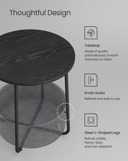 VASAGLE End Table, Small Bedside Table with Fabric Basket, Modern Nightstand, Round Side Table, for Living Room, Bedroom, Matte White and Camel Brown ULET223W10