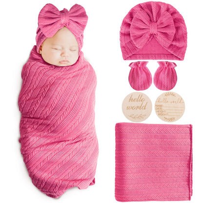Newborn Receiving Blanket with Bow Hat Mittens Wooden Card Set Wheat-Pattern Newborns Toddler Baby Boy Girl Nursery Swaddle Wrap