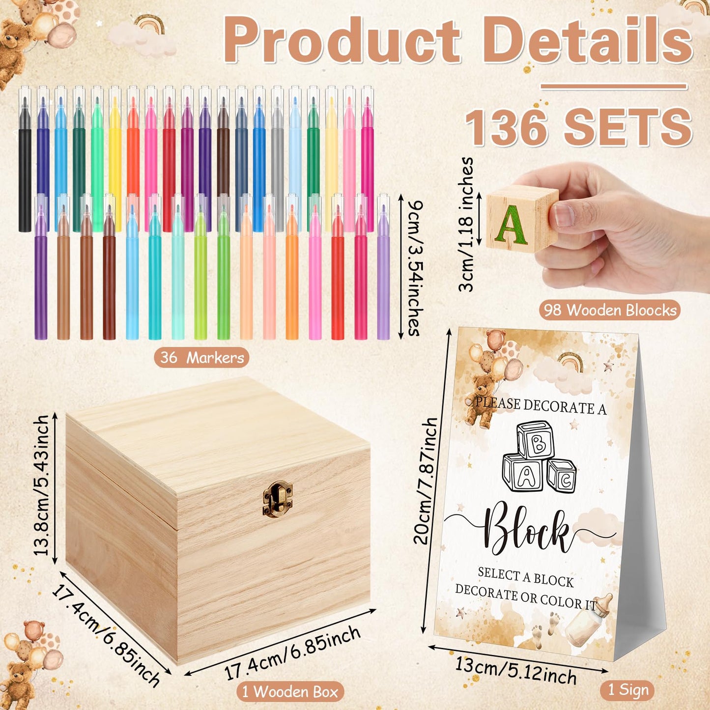 Marsui 136 Pcs Baby Shower Blocks to Decorate Game Kit Includes 98 Wooden Blocks, 36 Markers, 1 Game Sign, 1 Storage Box for Baby Shower Gender Reveal Activity Party Decorations(Pink Elephant)