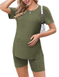 Ekouaer Maternity Sets 2 Piece Outfits Ribbed Knit Short Sleeve Shirts and Biker Shorts Pregnancy Loungewear Mama Clothes