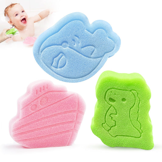 Baby Bath Sponge, Natural Cute Shapes Soft Shower Sponges for Bathing, Bathtub Foam for Infants and Toddler, 3pcs : Blue Dolphin, Pink Shell, Green Turtle
