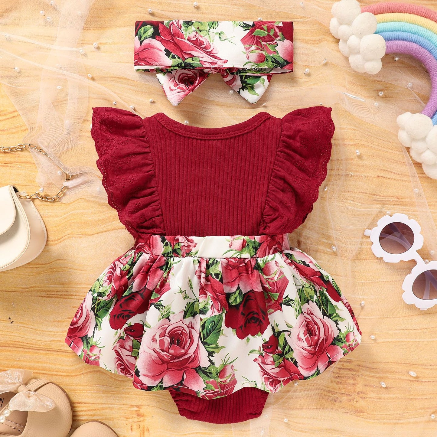 Sinhoon Baby Girl Clothes Newborn Ruffled Sleeveless Romper Floral Dreesy Bodysuit Heaedband 3pcs Baby Girl Summer Clothes