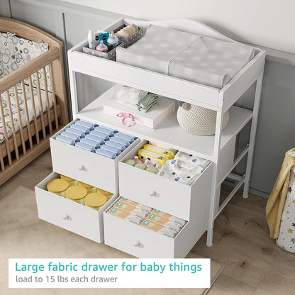 BOLUO White Changing Table with Drawers Fabric Baby Dresser with Changing Table Top Diaper Changing Station with Storage Shelf for Nursery Modern