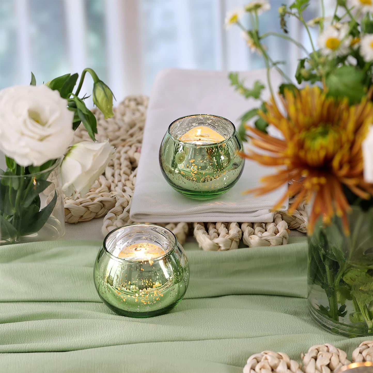 Volens Round Blue Votive Candle Holders Set of 12, Blue Wedding Centerpiece Table Decorations, Mercury Glass Tealight Candle Holder for Bridal Shower, Baby Shower & Home Decor