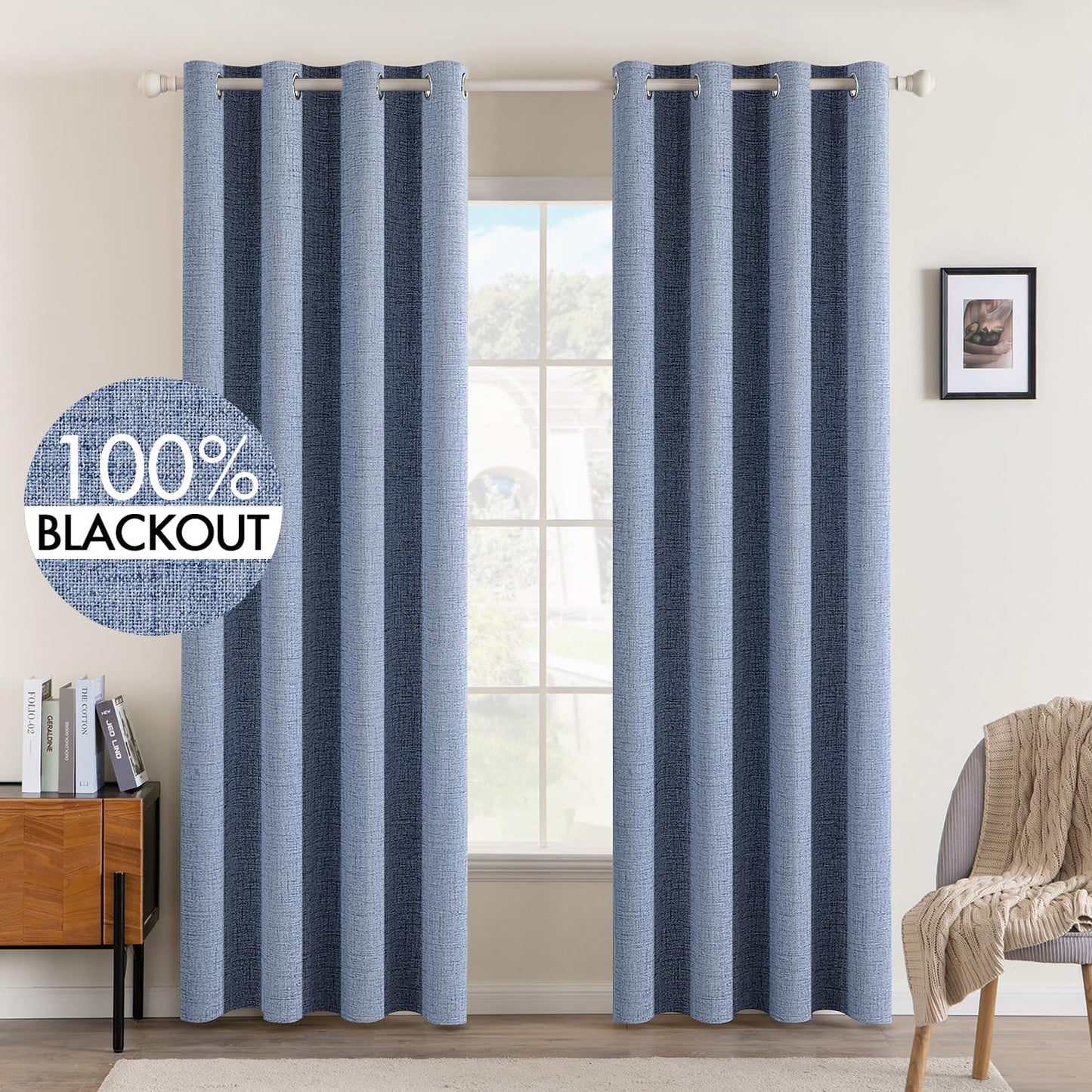MIULEE 100% Blackout Linen Textured Curtains for Bedroom Solid Thermal Insulated Natural Beige Grommet Room Darkening Curtains & Drapes Luxury Decor for Living Room Nursery 52 x 84 Inch (2 Panels)