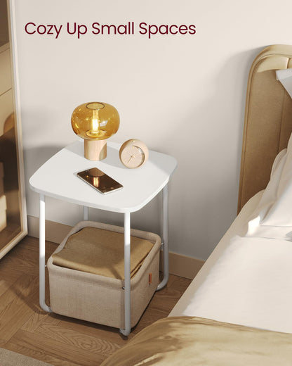 VASAGLE End Table, Small Bedside Table with Fabric Basket, Modern Nightstand, Round Side Table, for Living Room, Bedroom, Matte White and Camel Brown ULET223W10