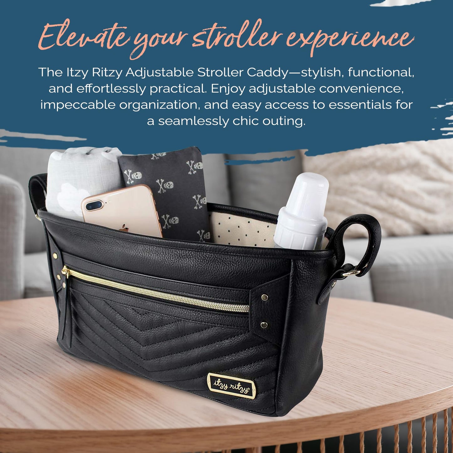 Itzy Ritzy Adjustable Stroller Caddy and Organizer Bag Featuring Front Zippered Pocket, 2 Built-in Interior Pockets & Adjustable Straps to Fit Nearly Any Stroller (Chai)