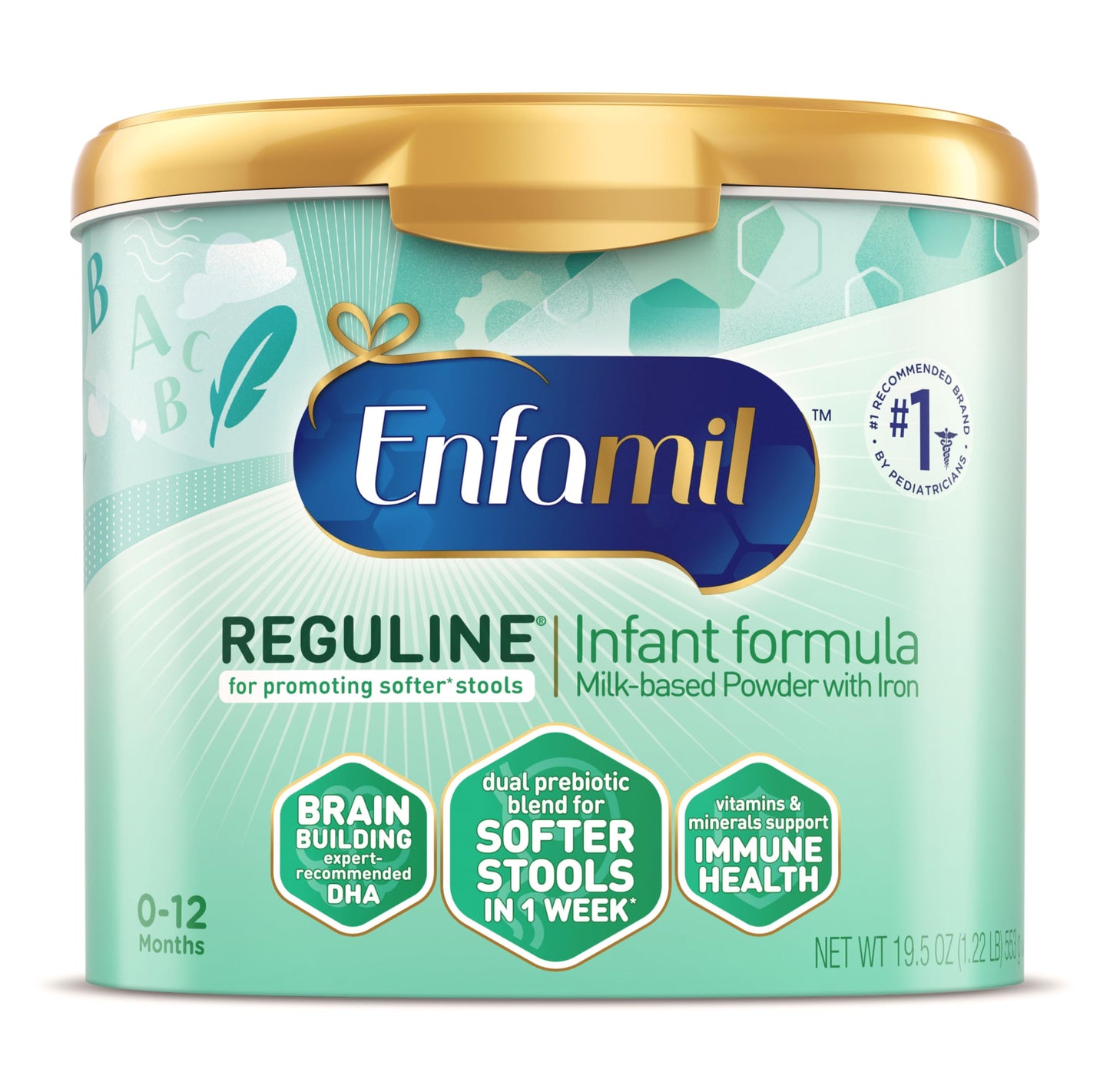 Enfamil Reguline Baby Formula, Milk-Based Infant Nutrition, Dual Prebiotics for Soft, Comfortable Stools within 1 Week of Use, Omega-3 DHA for Immune Support, Reusable Powder Tub, 19.5 Oz