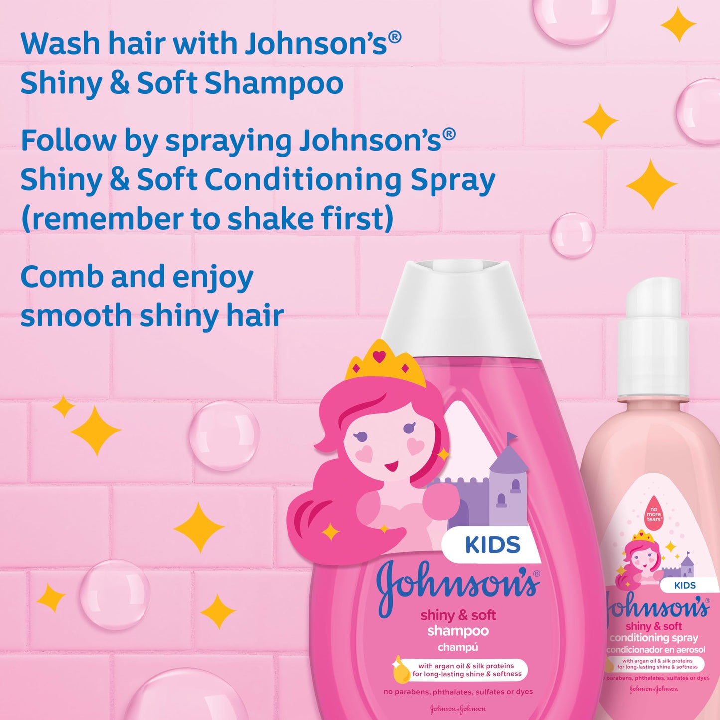 Johnson's Kids Shiny & Soft Hair Conditioning Spray with Argan Oil & Silk Proteins, Tear-Free Conditioning Spray for Shine & Softness, Gentle for Toddler Haircare, 10 fl. oz