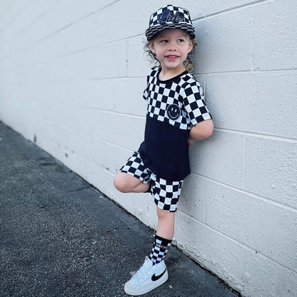 Toddler Baby Boy Summer Clothes Set Short Sleeve Checkered Tops & Shorts Novelty Color Block Outfits