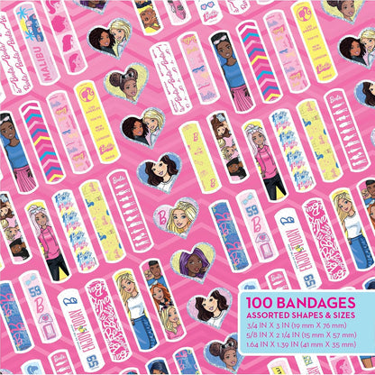 Barbie Antibacterial Kids Bandages, 3 Assorted Sizes 100 CT | Wear Like Stickers, Flexible Adhesive Bandages for Minor Cuts, Scrapes, and Burns. Great Gift idea for Kids