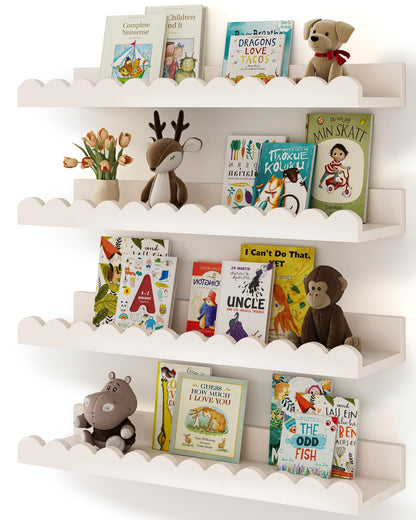 Nursery Book Shelves, 4-Pack White Floating Shelves for Wall Kids, Scalloped Shelves, Wall Book Shelves for Bedroom Kids, Toddler Room, Baby Room, Nursery Decor