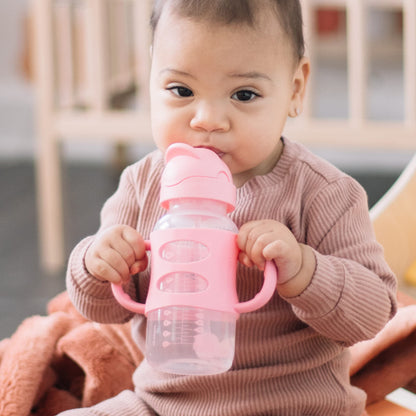 Dr. Brown's Milestones Wide-Neck Sippy Straw Bottle with 100% Silicone Handles and Weighted Straw, 9 oz/270 mL, Gray & Pink, 6m+, 2 Count (Pack of 1)