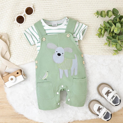 Baby Boy Clothes Infant Summer Outfits Short Sleeve Striped Romper Cute Cartoon Dog Overall Pants Set 2pcs 0-18 Months