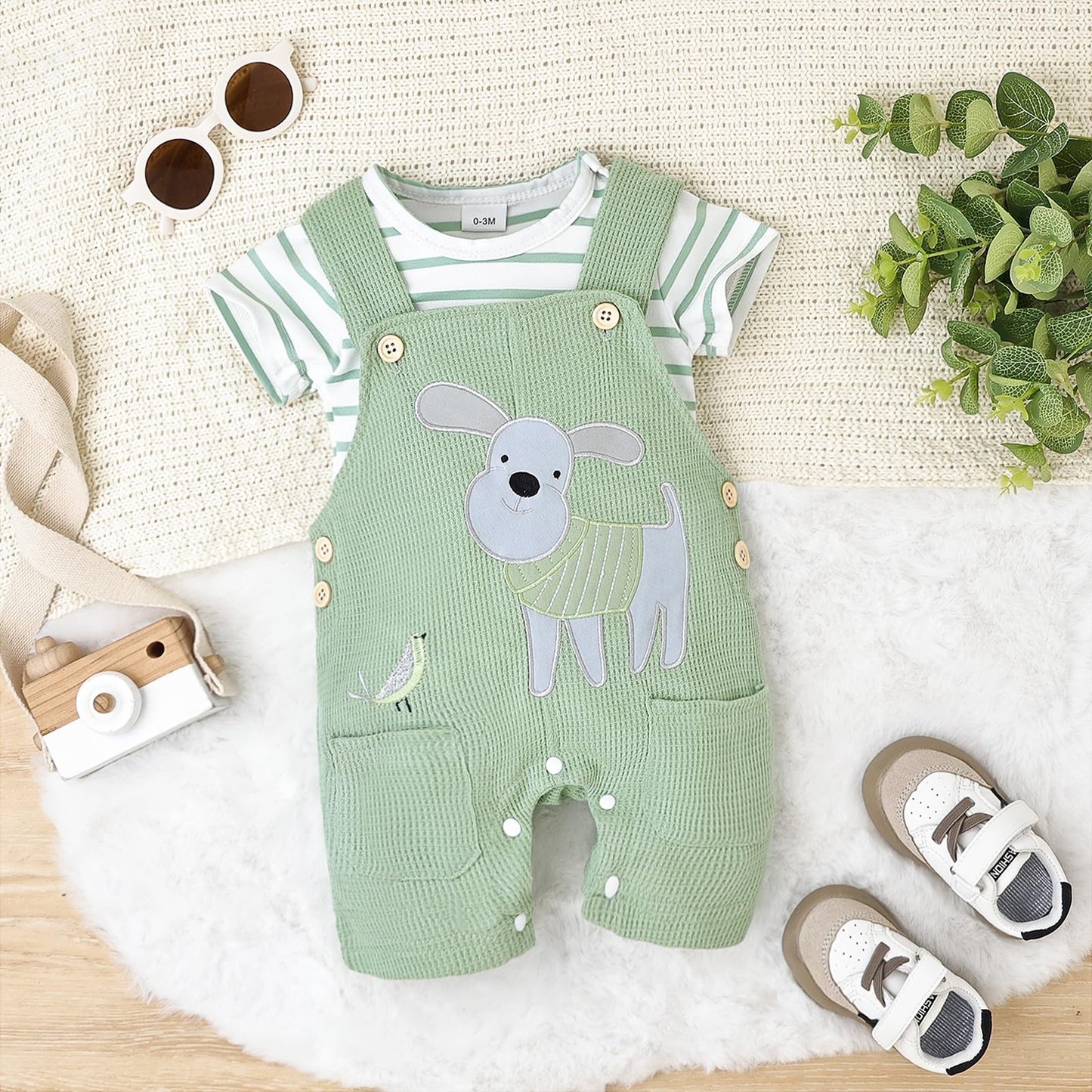 Baby Boy Clothes Infant Summer Outfits Short Sleeve Striped Romper Cute Cartoon Dog Overall Pants Set 2pcs 0-18 Months