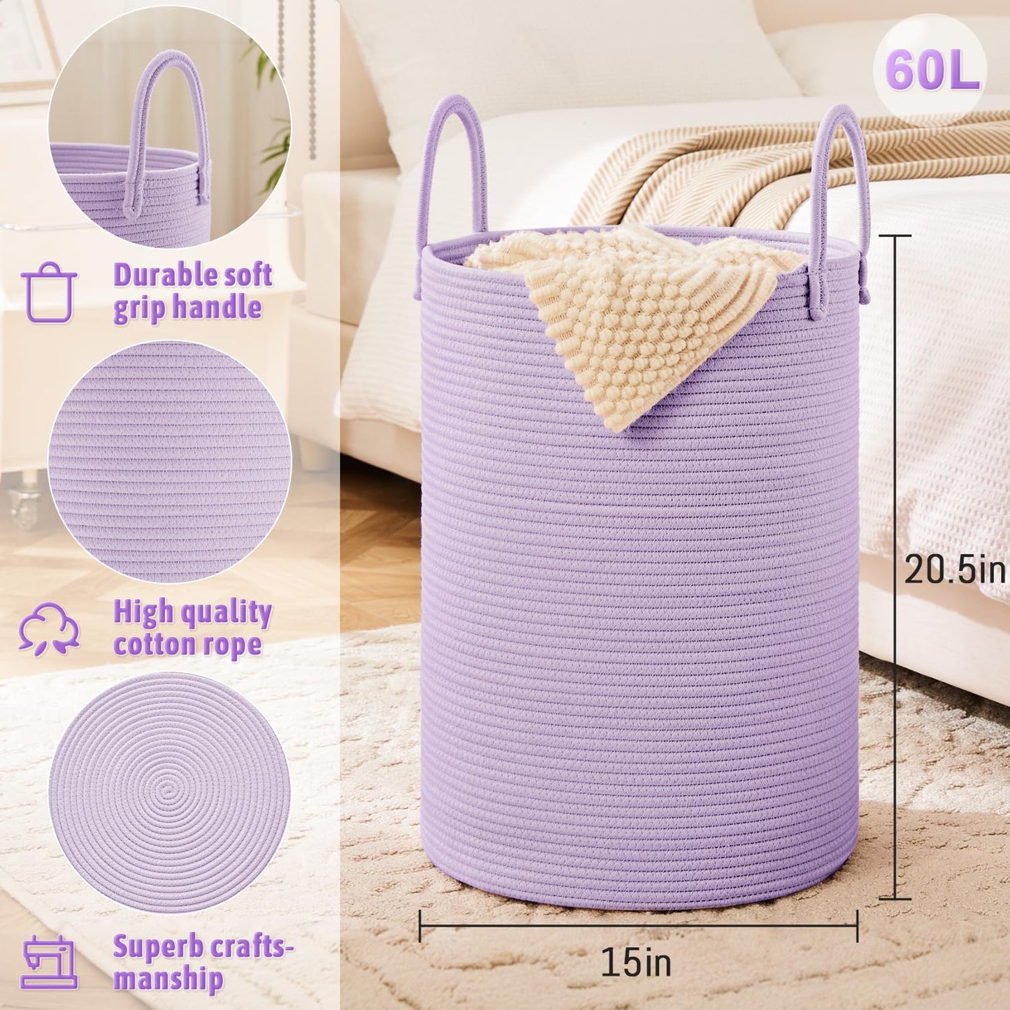Laundry Basket,Woven Cotton Rope Laundry Hamper,60L for Decor Storage of Dirty Clothes,Toys and Blankets in Bathroom,Baby Room and Living Room