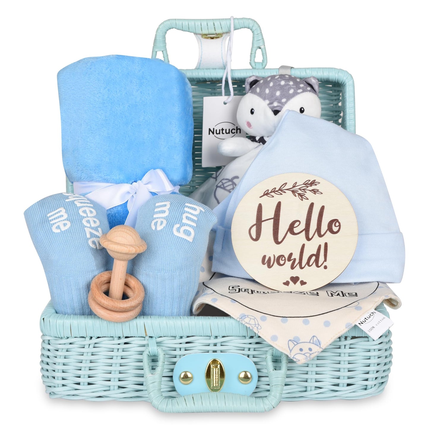 Newborn Baby Gift Set | Baby Gift Basket | Newborn Blanket, Wooden Teether, Security Blanket, Cap, Baby Bibs, Socks & Greeting Card (Blue)