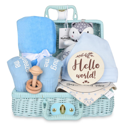 Newborn Baby Gift Set | Baby Gift Basket | Newborn Blanket, Wooden Teether, Security Blanket, Cap, Baby Bibs, Socks & Greeting Card (Blue)