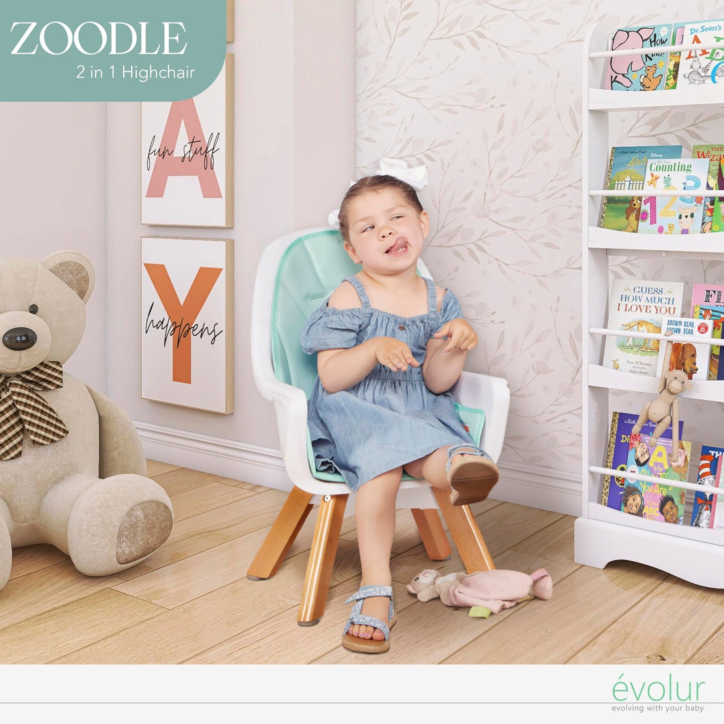 Evolur Zoodle 2 in 1 Convertible Baby High Chair in Light Gray