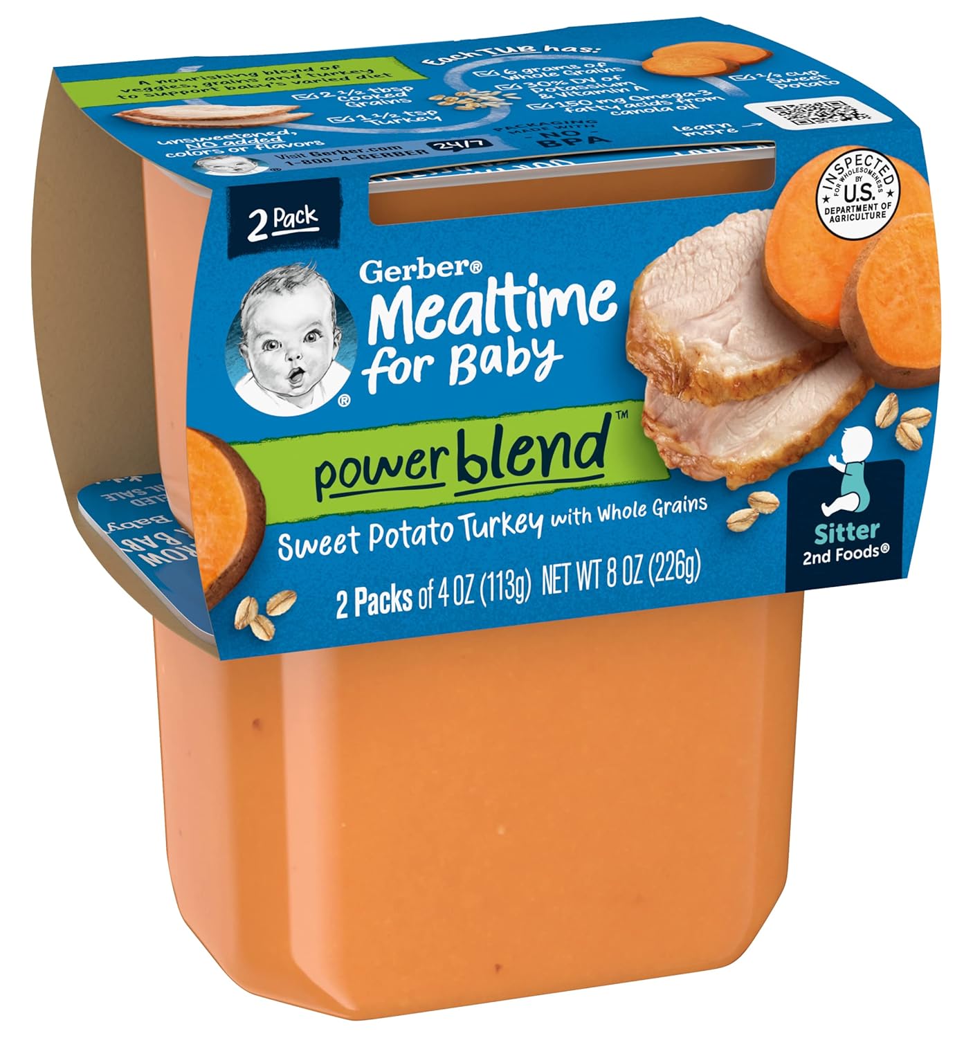 Gerber Mealtime for Baby 2nd Foods Power Blend Baby Food Tubs, Sweet Potato Turkey with Whole Grains, Pureed Baby Food, 2-4 Ounce Tubs/Pack (Pack of 2)