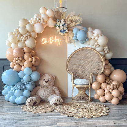 Blue Balloon Arch Kit, 132Pcs Dusty Light Baby Blue Balloons Garland with Brown Double Stuffed Balloons for Baby Shower Gender Reveal Boy Birthday Bear Theme Party Decorations Supplies