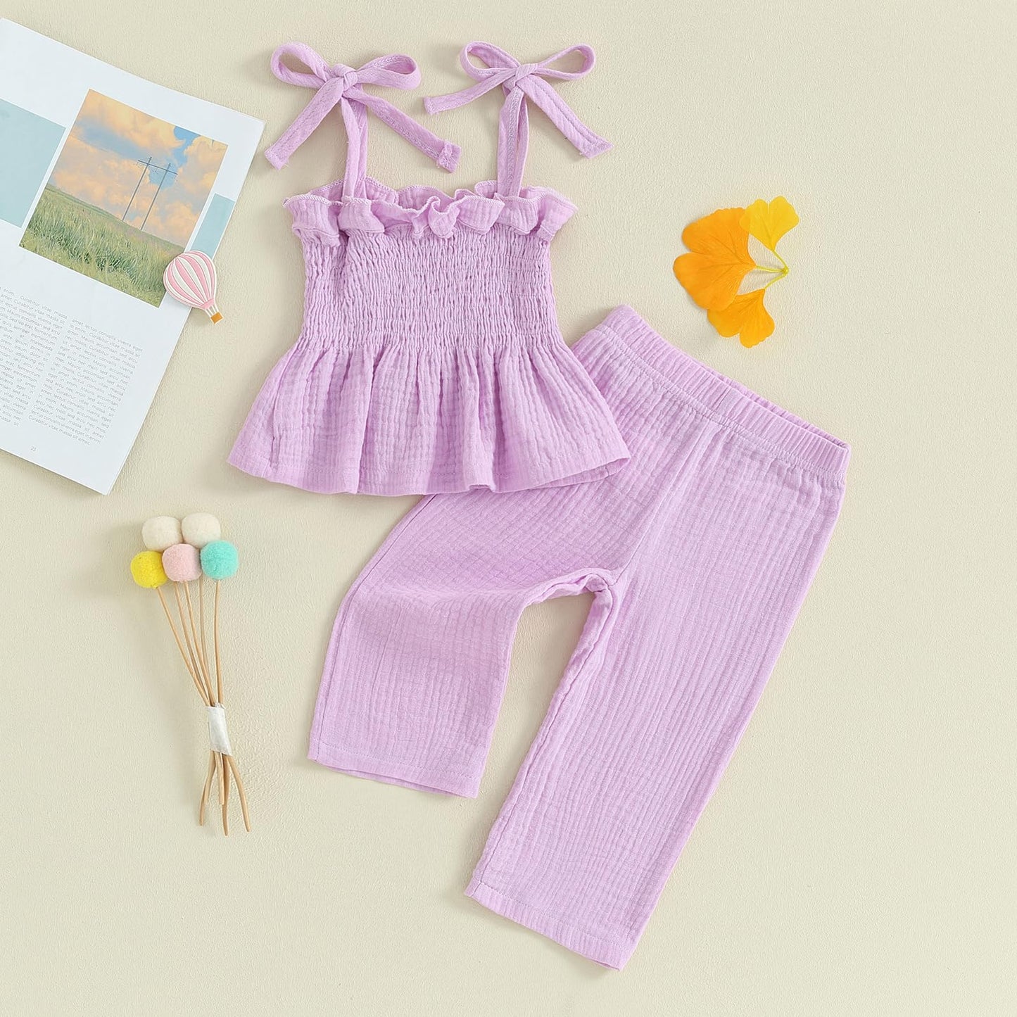 VISGOGO Infant Baby Toddler Girls Clothes Solid Color Sleeveless Camisole Linen Pants Set Baby Summer Outfits