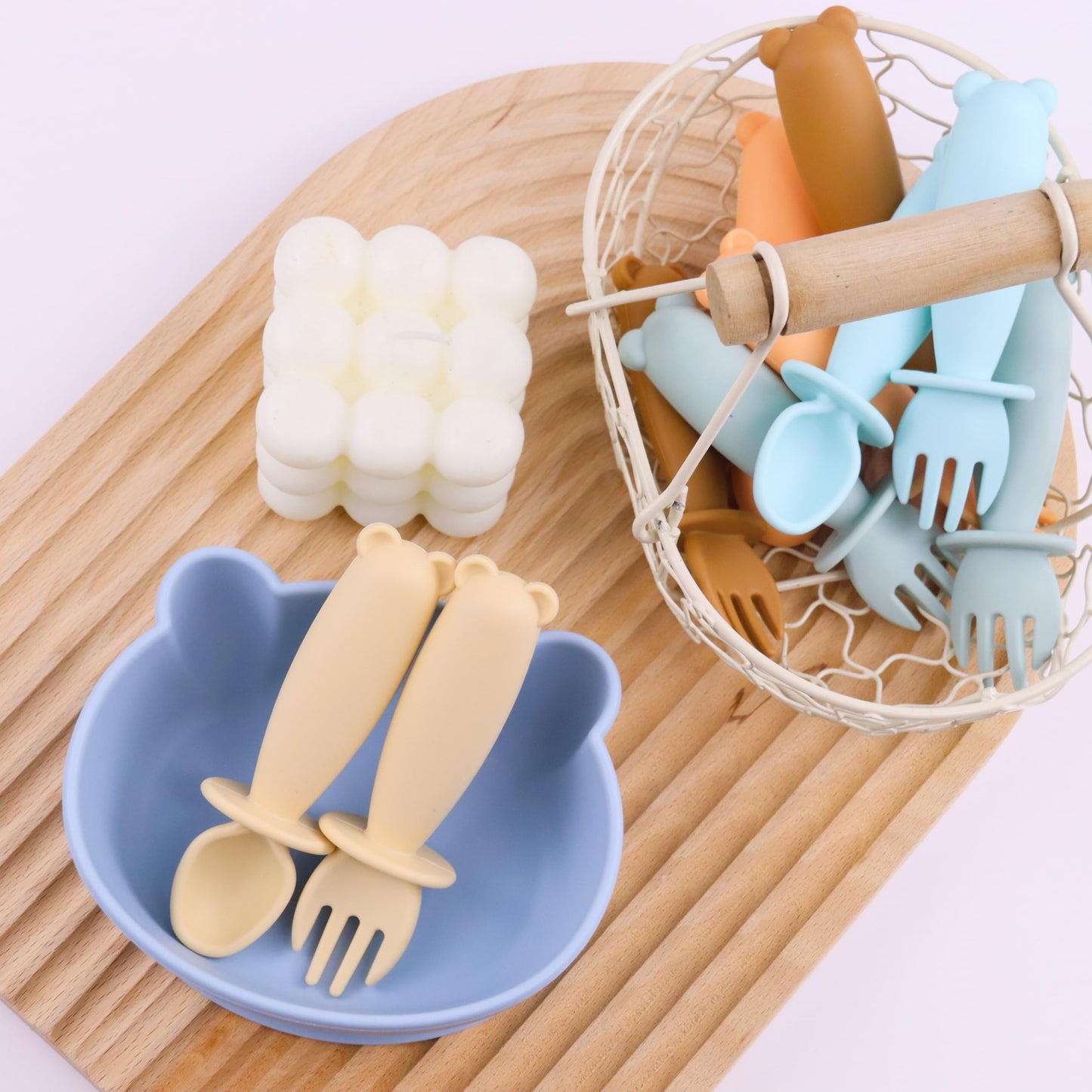 Bear Silicone Baby Bowl Suction Baby Spoon and Fork for Babies 6 months+ Suction Bowls for Baby Utensils 6-12M+ BLW Essentials (Peach Lilac)