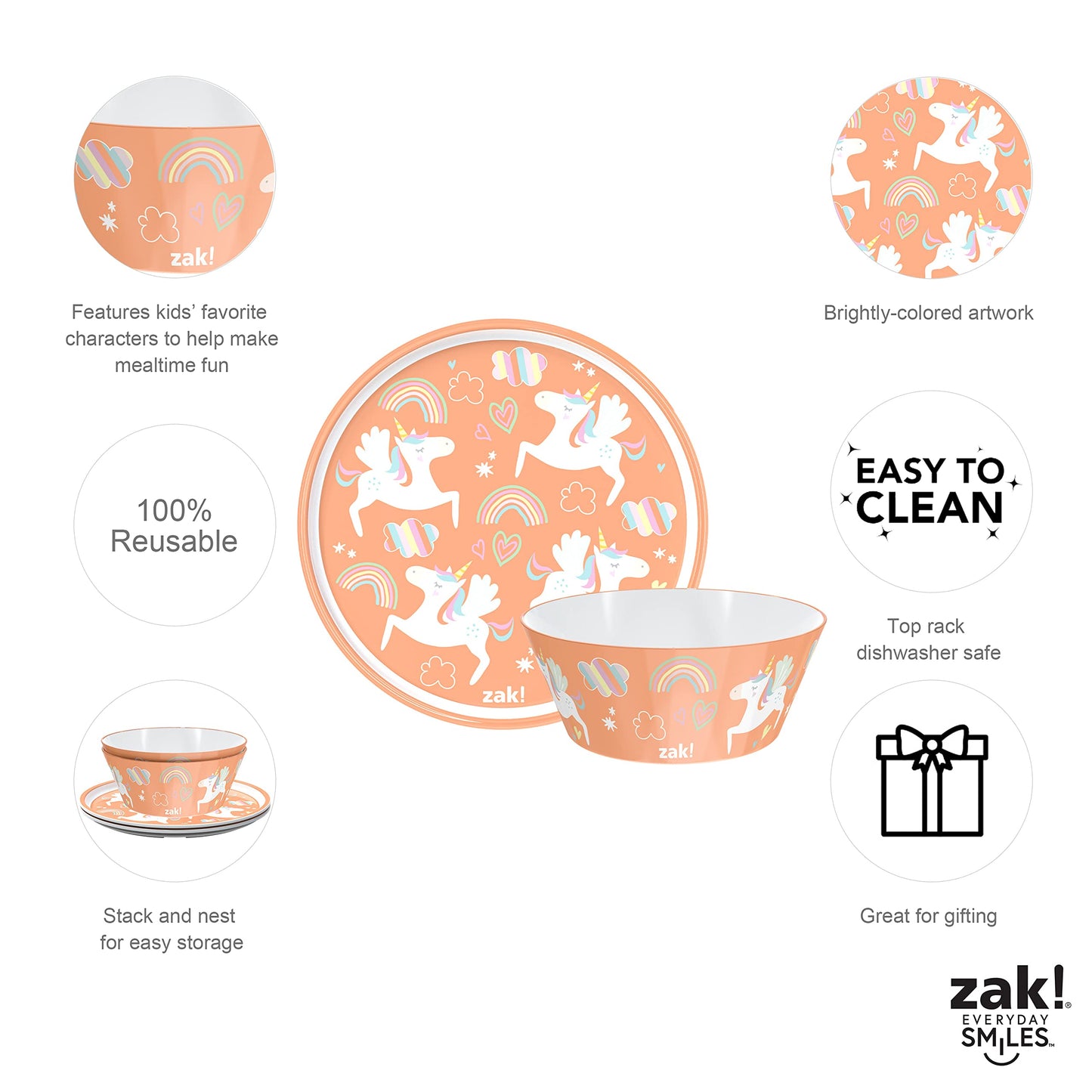 Zak Designs 5-Piece Dinnerware Set, Baby Shark - Durable Plastic & Stainless Steel - Includes Water Bottle, 8-Inch Plate, 6-Inch Bowl, Fork & Spoon - Suitable for Kids Ages 3+
