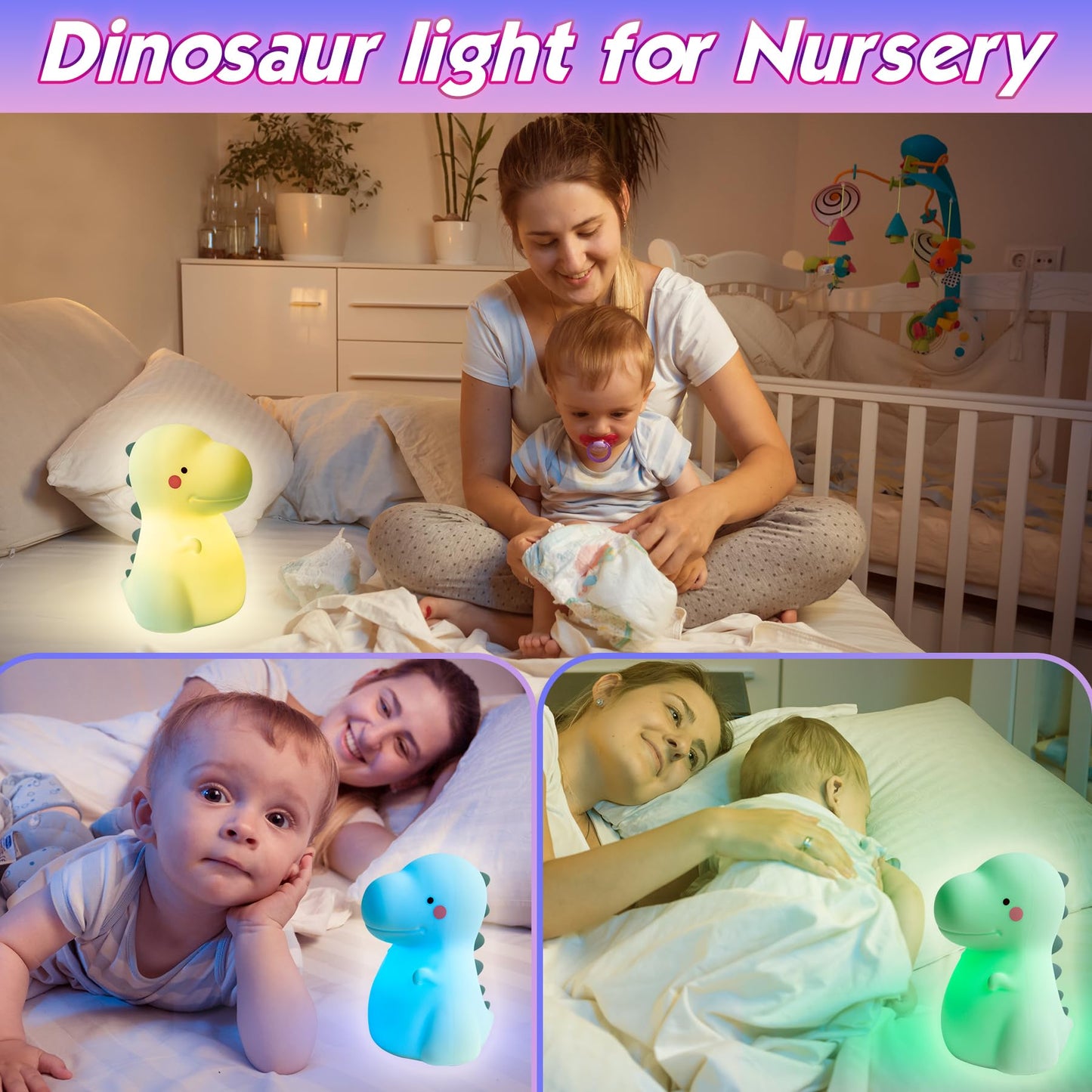 Children's Dinosaur Night Lamp, 7-Color Adjustable Breathing Dinosaur lamp, Portable Rechargeable LED Bedside lamp for Kindergarten, Boys and Girls' Toy Christmas Gift (Green)