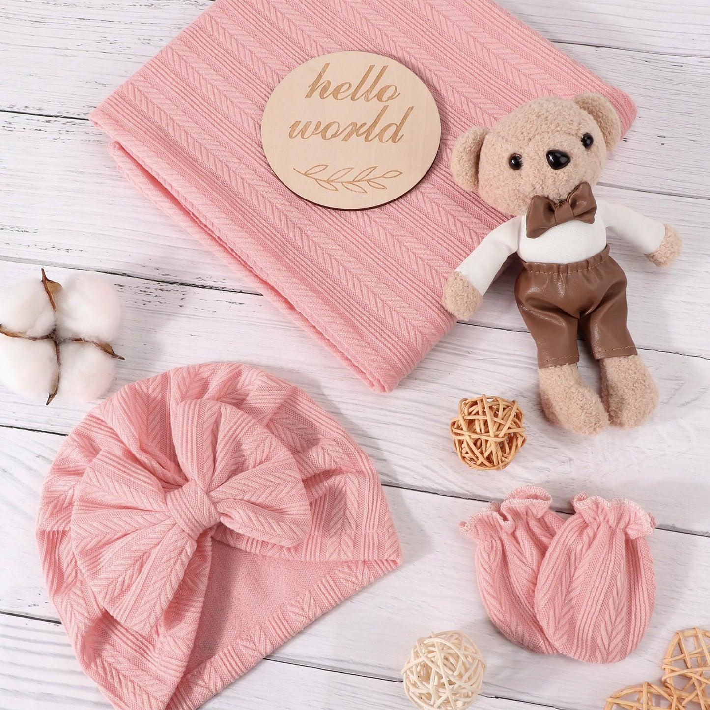 Newborn Receiving Blanket with Bow Hat Mittens Wooden Card Set Wheat-Pattern Newborns Toddler Baby Boy Girl Nursery Swaddle Wrap
