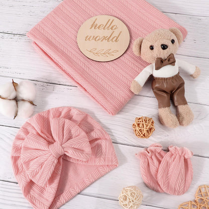 Newborn Receiving Blanket with Bow Hat Mittens Wooden Card Set Wheat-Pattern Newborns Toddler Baby Boy Girl Nursery Swaddle Wrap