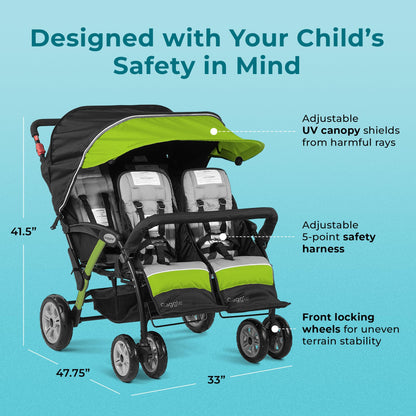Gaggle by Foundations Compass Quad 4 Seat Stroller | 4-Seat Stroller for Daycare | Oversized UV Blocking Canopy | 5-Point Harness | Easy Loading | Storage Bucket | Black