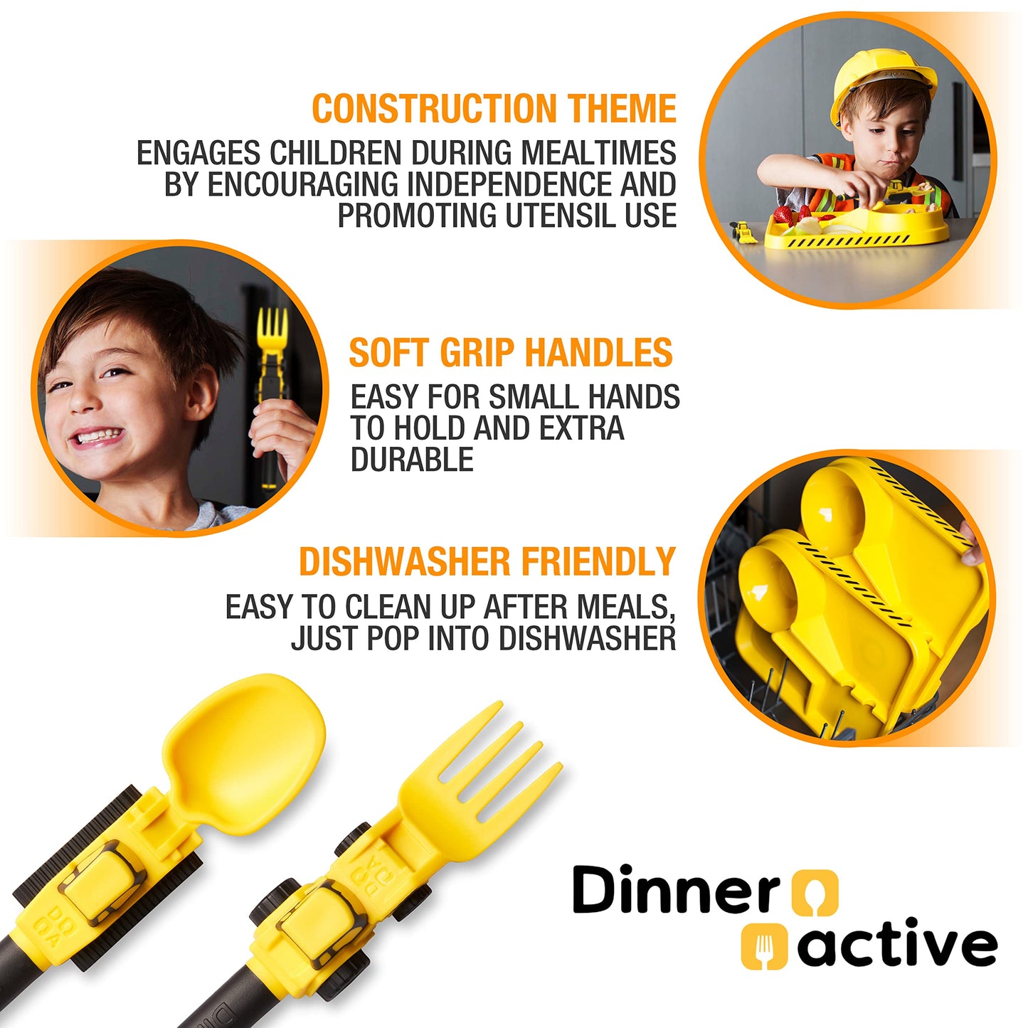 Dinneractive Utensil Set for Kids – Construction Themed Toddler Forks and Spoons, Toddler Utensils – 2PC Set – Fuchsia Construction Utensils For Toddlers - Loader & Tractor Toddler Spoons and Forks