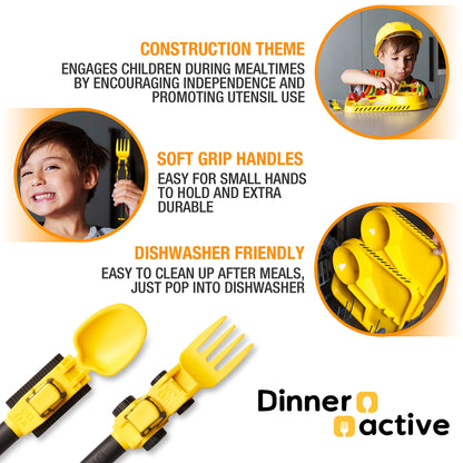 Dinneractive Utensil Set for Kids – Construction Themed Toddler Forks and Spoons, Toddler Utensils – 2PC Set – Fuchsia Construction Utensils For Toddlers - Loader & Tractor Toddler Spoons and Forks