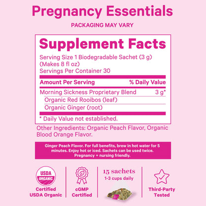 Pink Stork Organic Morning Sickness Pregnancy Tea - Hot or Iced Tea - Prenatal Heartburn, Indigestion, and Constipation Support - 1st Trimester Pregnancy Must Haves - Ginger Peach, 15 Sachets