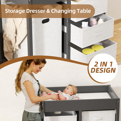 KORIMEFA Baby Changing Table, Baby Diaper Changing Station Dresser with Laundry Hamper, 3 Drawer Basket and Changing Pad, Grey
